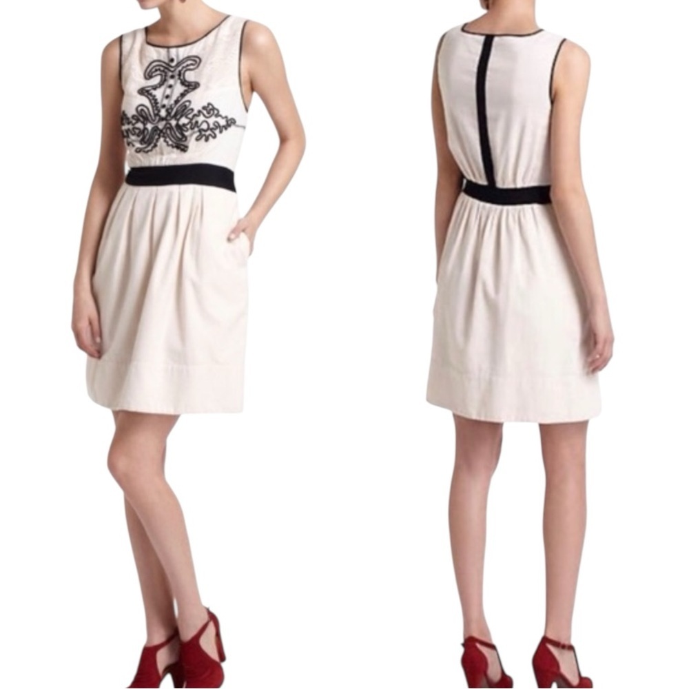 Anthropologie Leifnotes Open-Air Theater Fit Flare Dress Cream Black 2